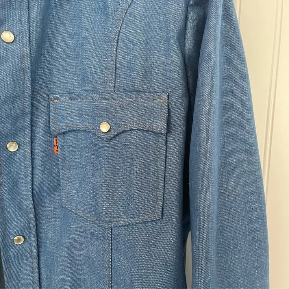 Vintage 60s 70s Levi’s Orange Tab Western Pearl Snap Denim Shirt Size Large Blue